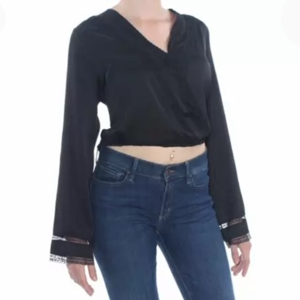 NEW Gypsies & Moondust Lace V-Neck Bell Sleeve Top, Size XL, Black